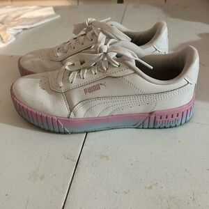 PUMA White Leather Sneakers with Pink & Teal Gradient Sole